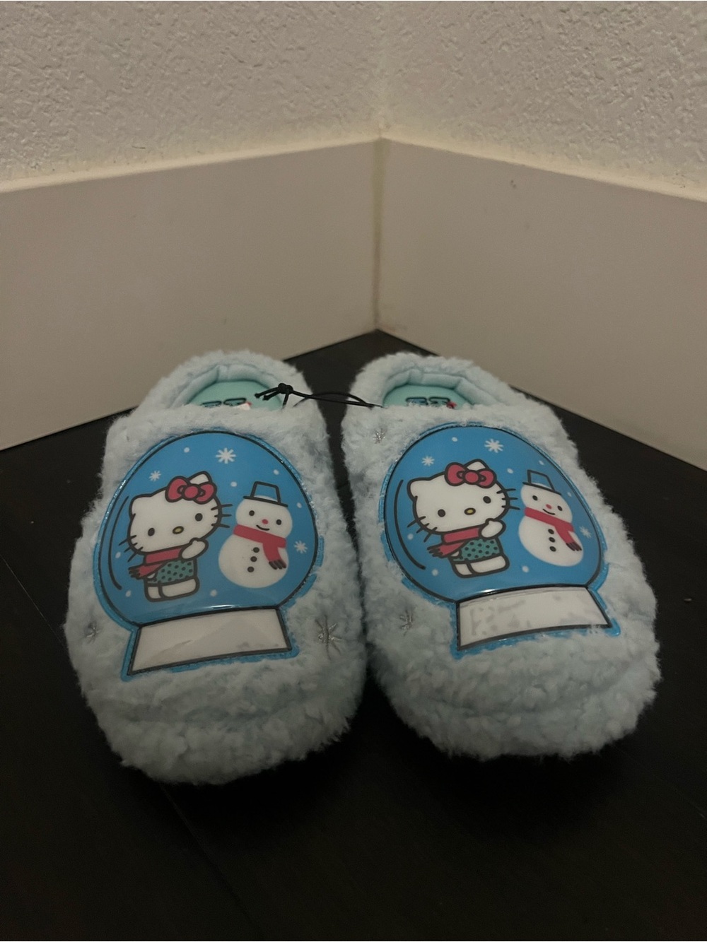 Hello Kitty Light Blue Plush Women’s Slippers with Snowman Graphic